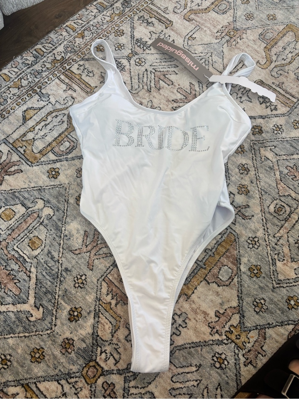 Missguided White 'BRIDE' Rhinestone One-Piece Swimsuit new size small